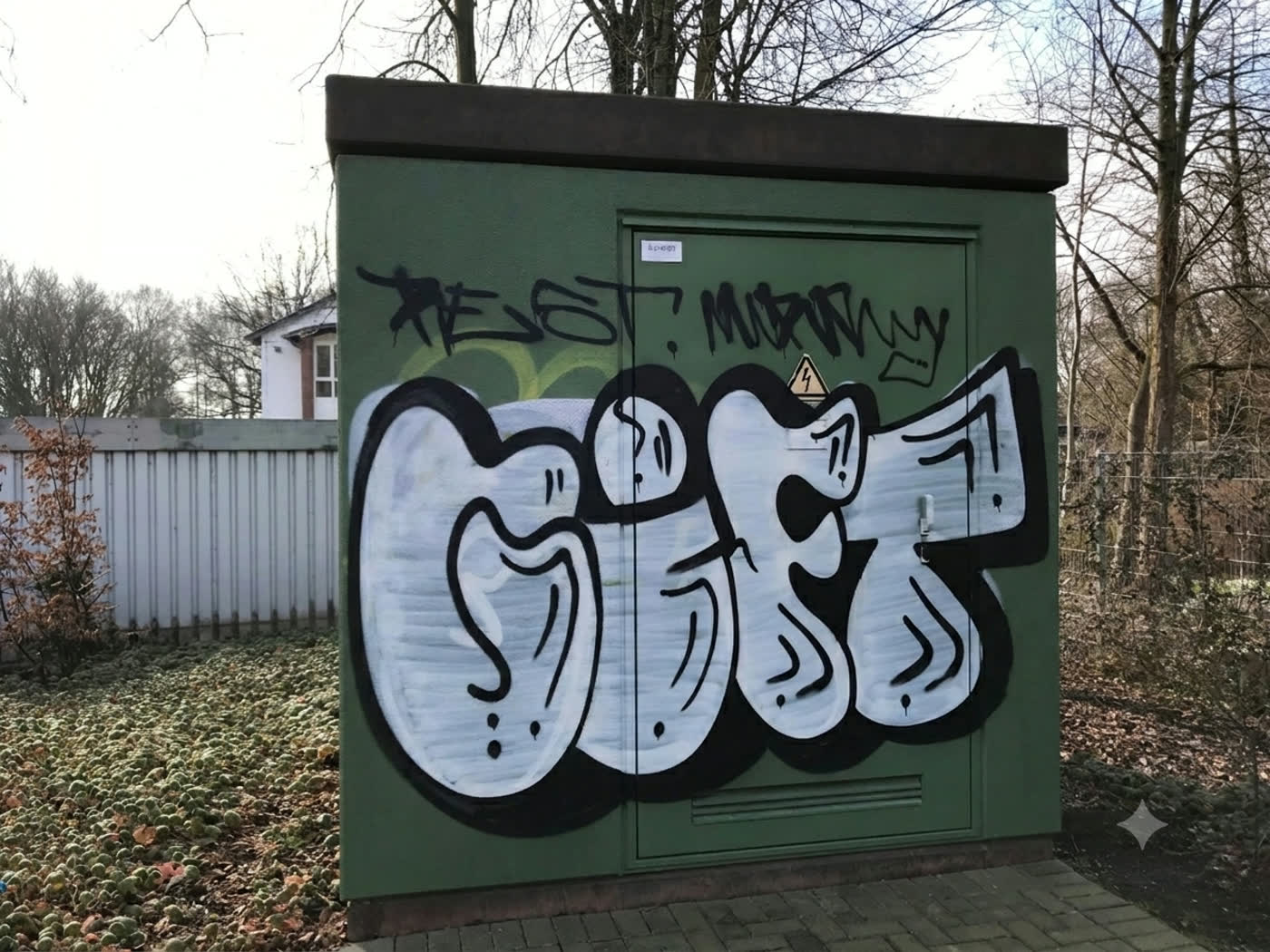 Trafostation mit großflächigem Graffiti vor der Behandlung