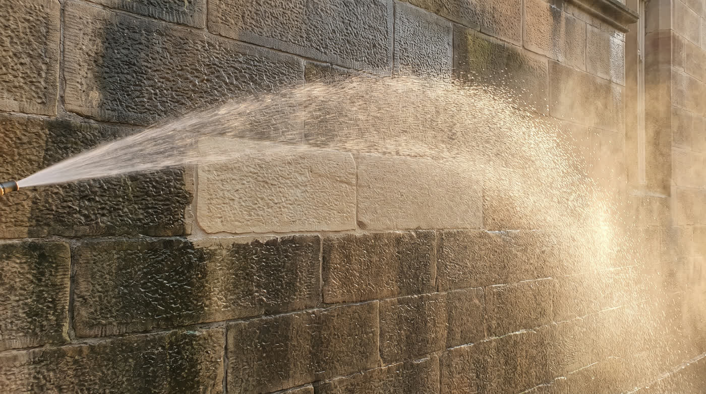 Schonende Reinigung einer Natursteinwand mit Wasser