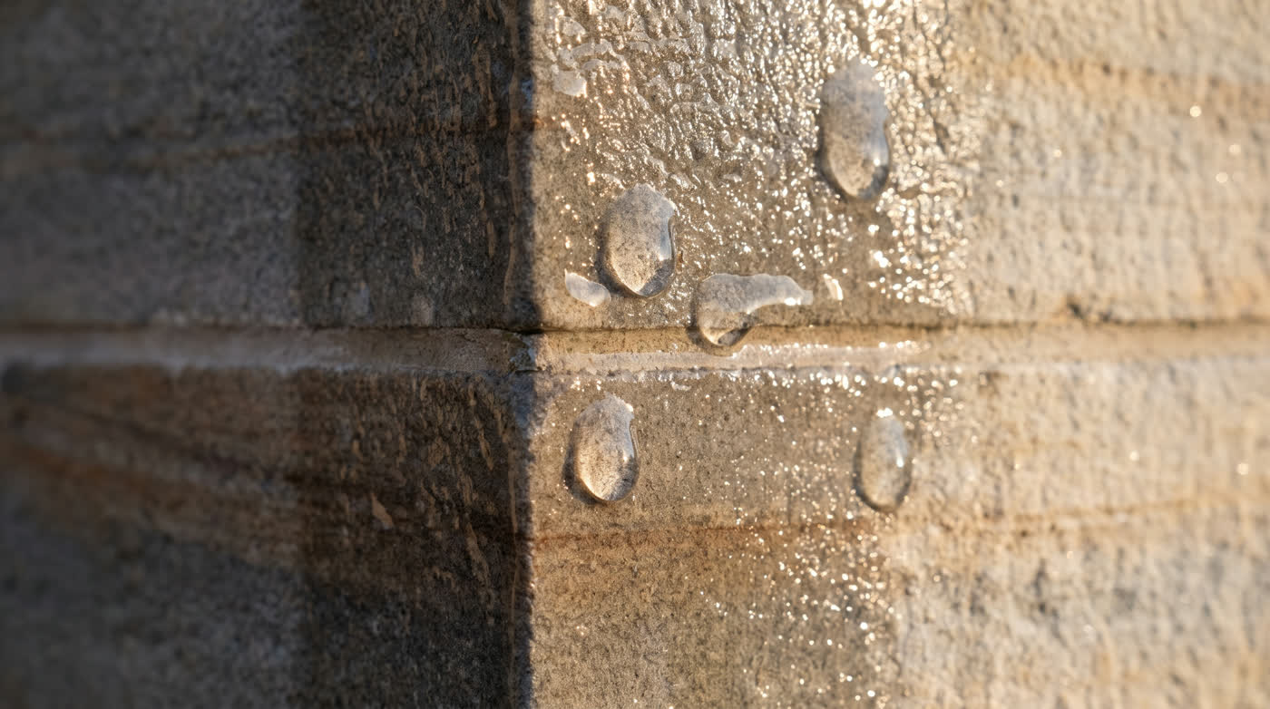 Wasser perlt auf einer frisch versiegelten Steinfläche ab